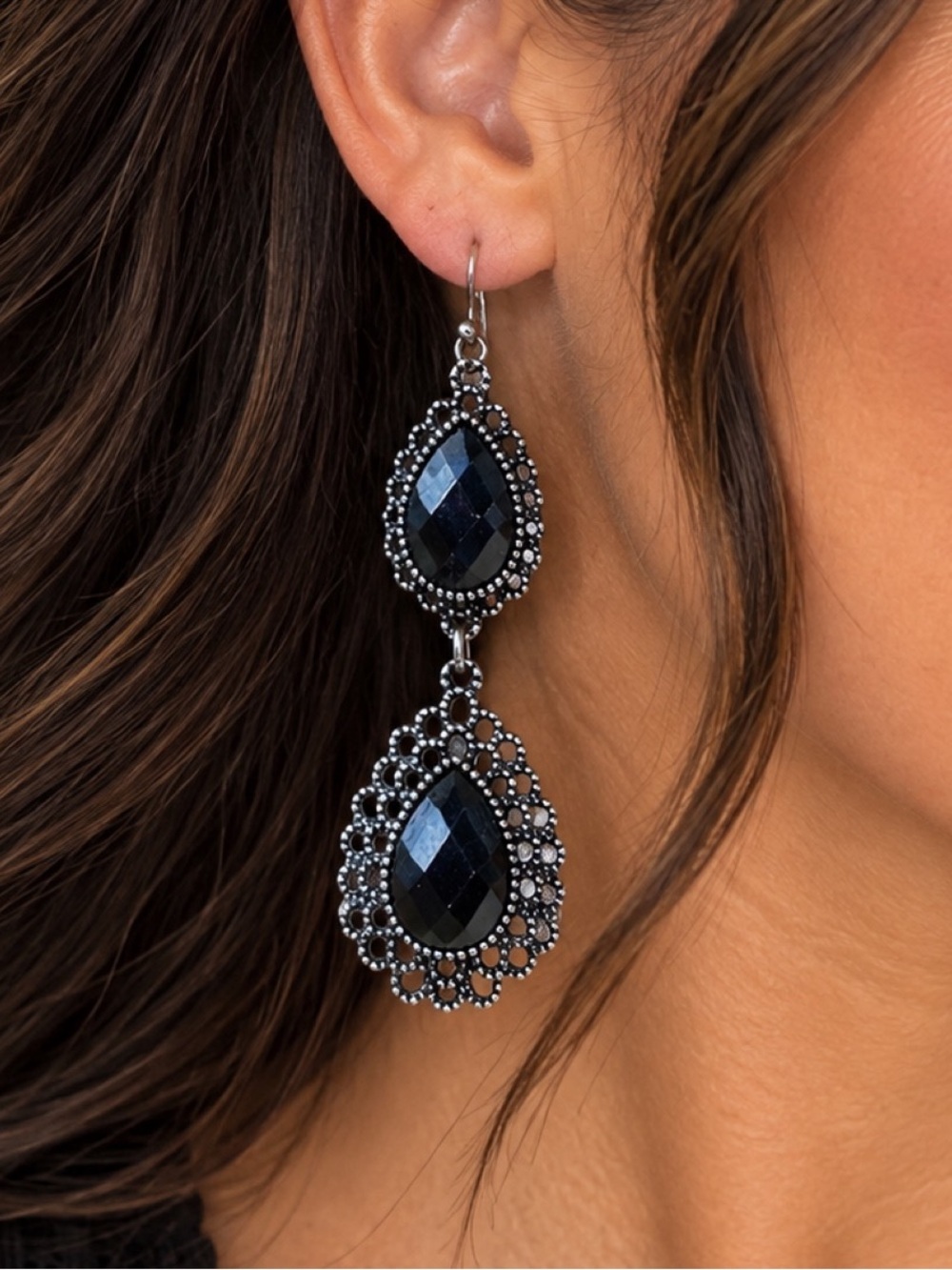 Black Faceted Chandelier Earrings